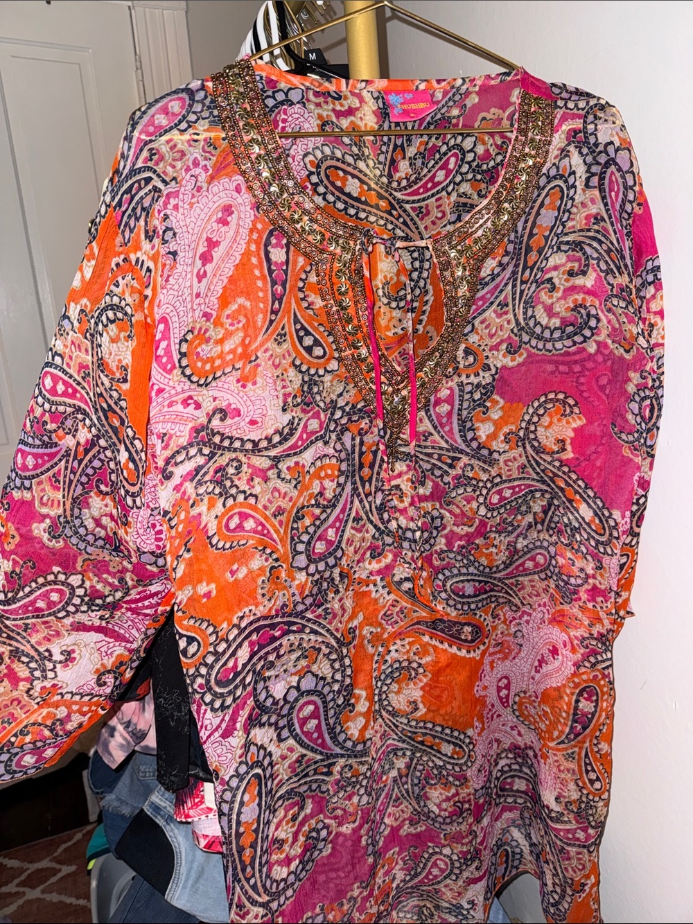 Embellished Paisley Tunic Top - Pink & Orange